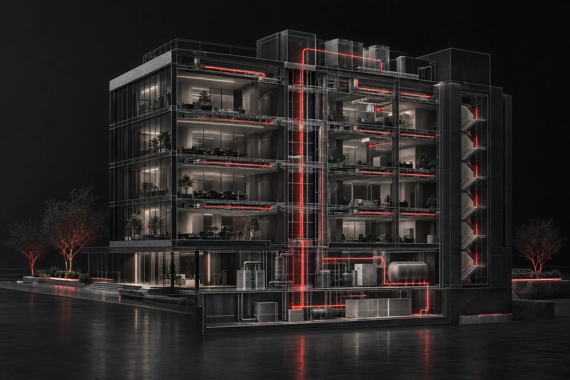 Cutaway wireframe building with red energy-flow paths