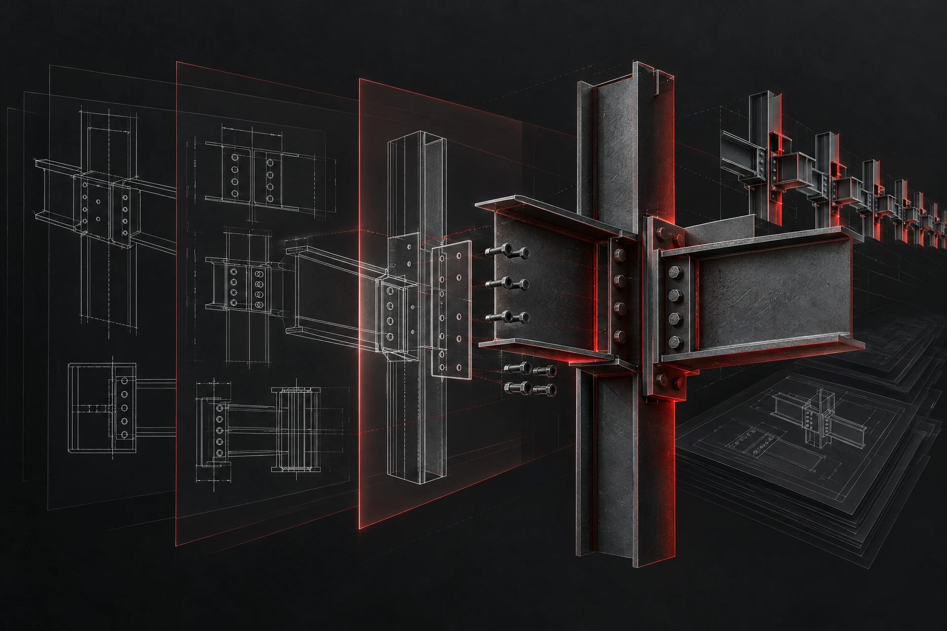 Structural engineering drawing transforming into a three-dimensional assembly