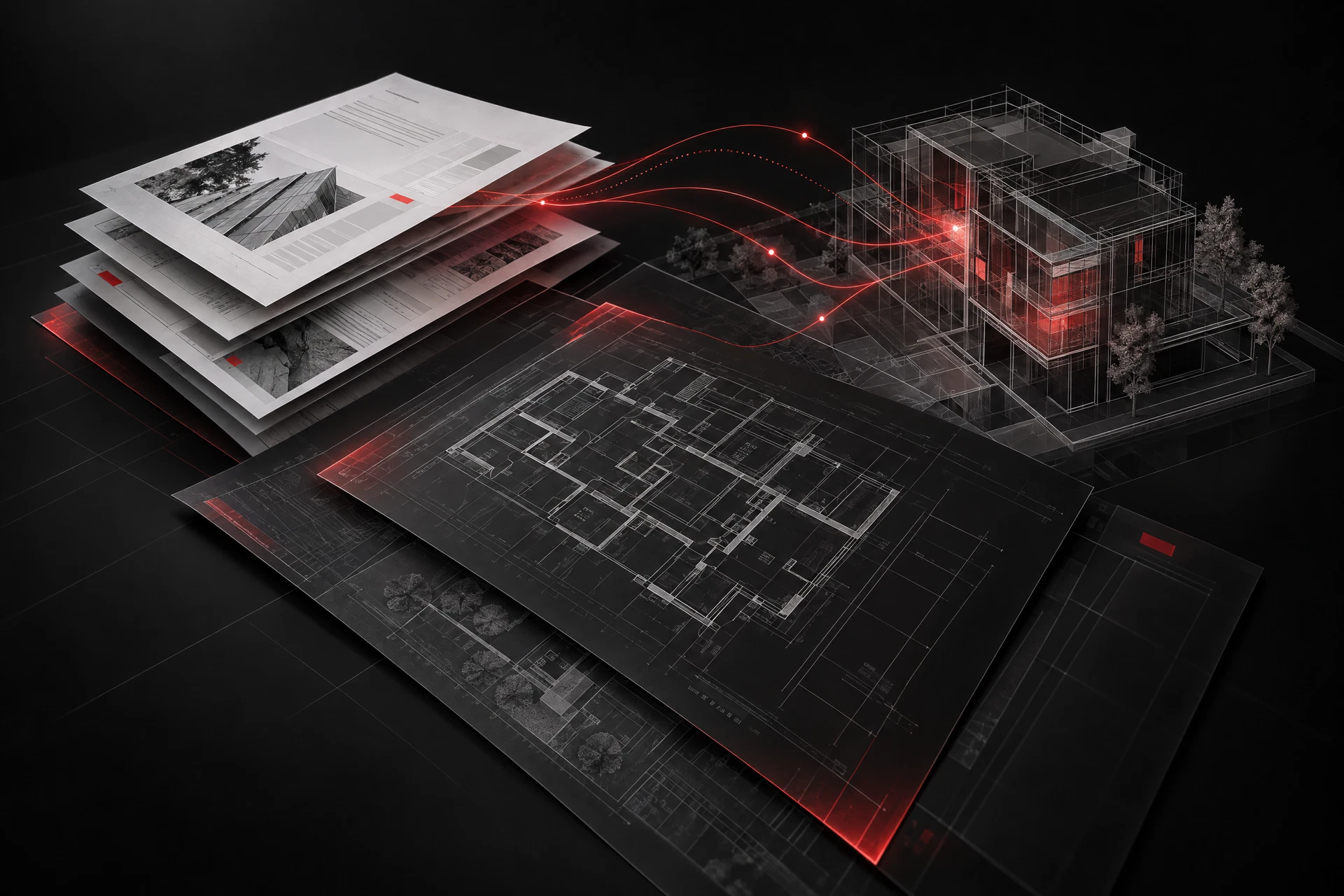 Layered tender documents connected to an architectural wireframe model