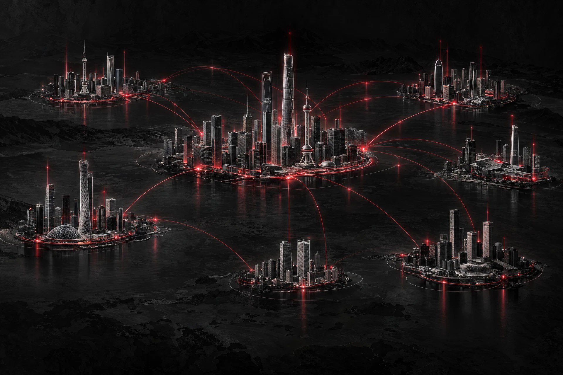 Architectural city clusters connected by scarlet innovation networks