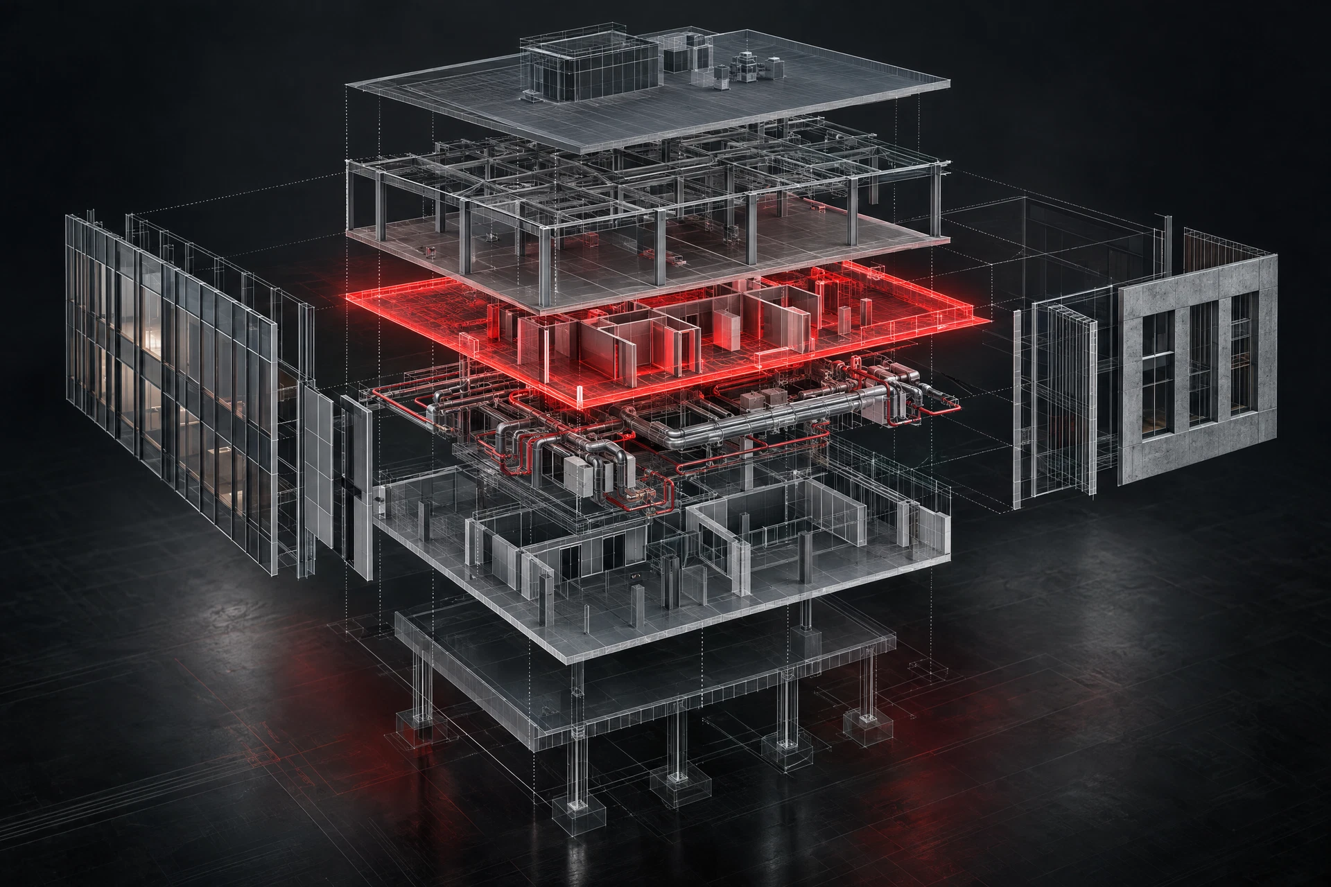 Exploded building-information model with connected structural layers