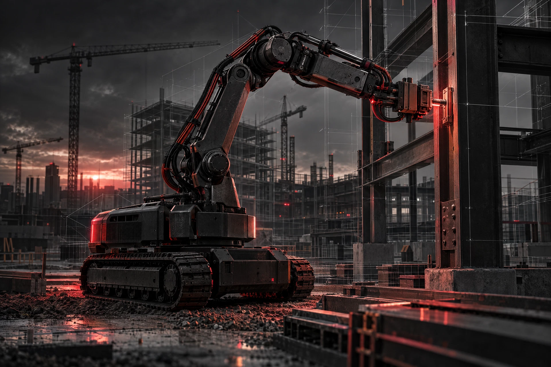 Industrial robotic arm beside a structural construction frame