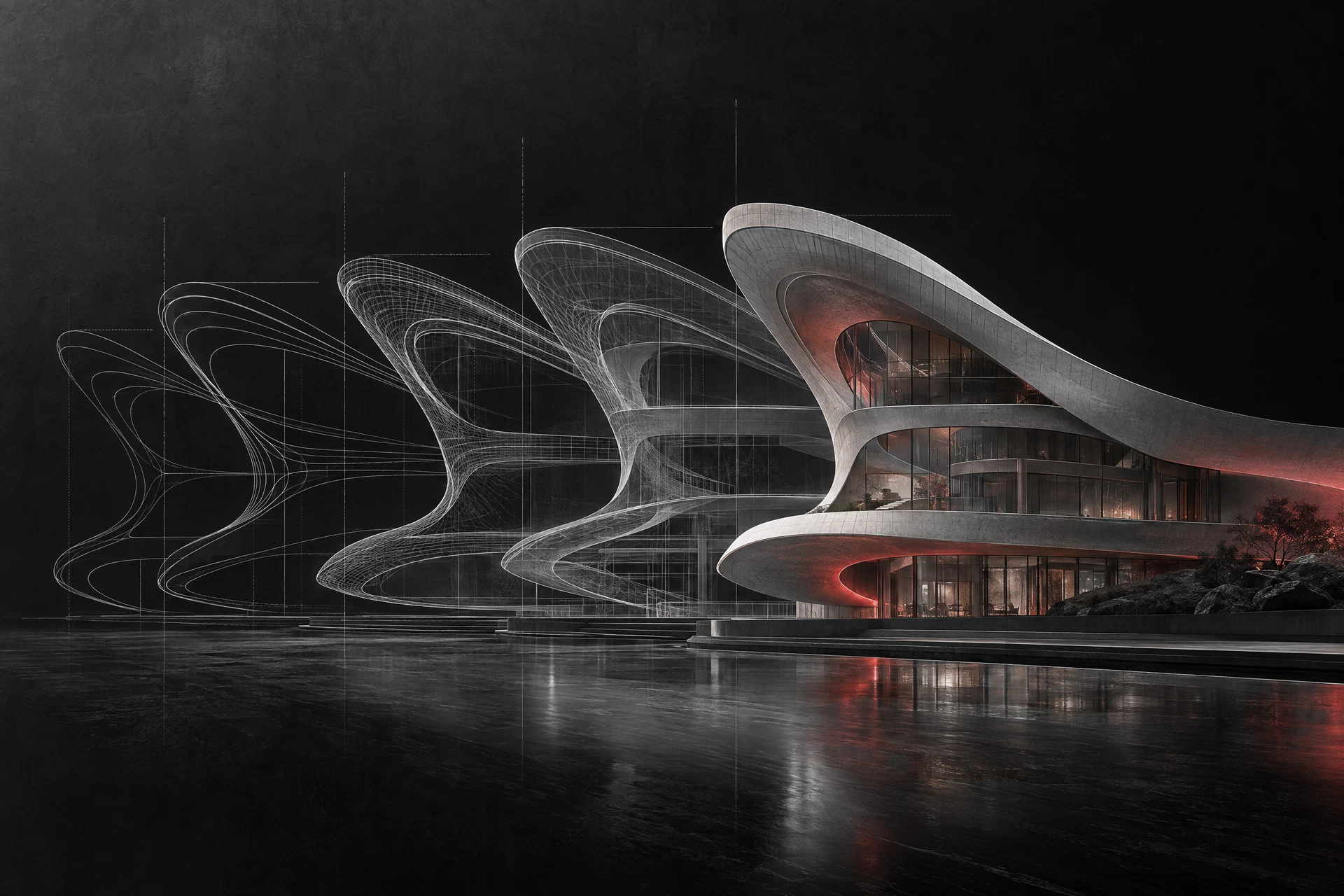Parametric architectural facade emerging from fine drafting lines